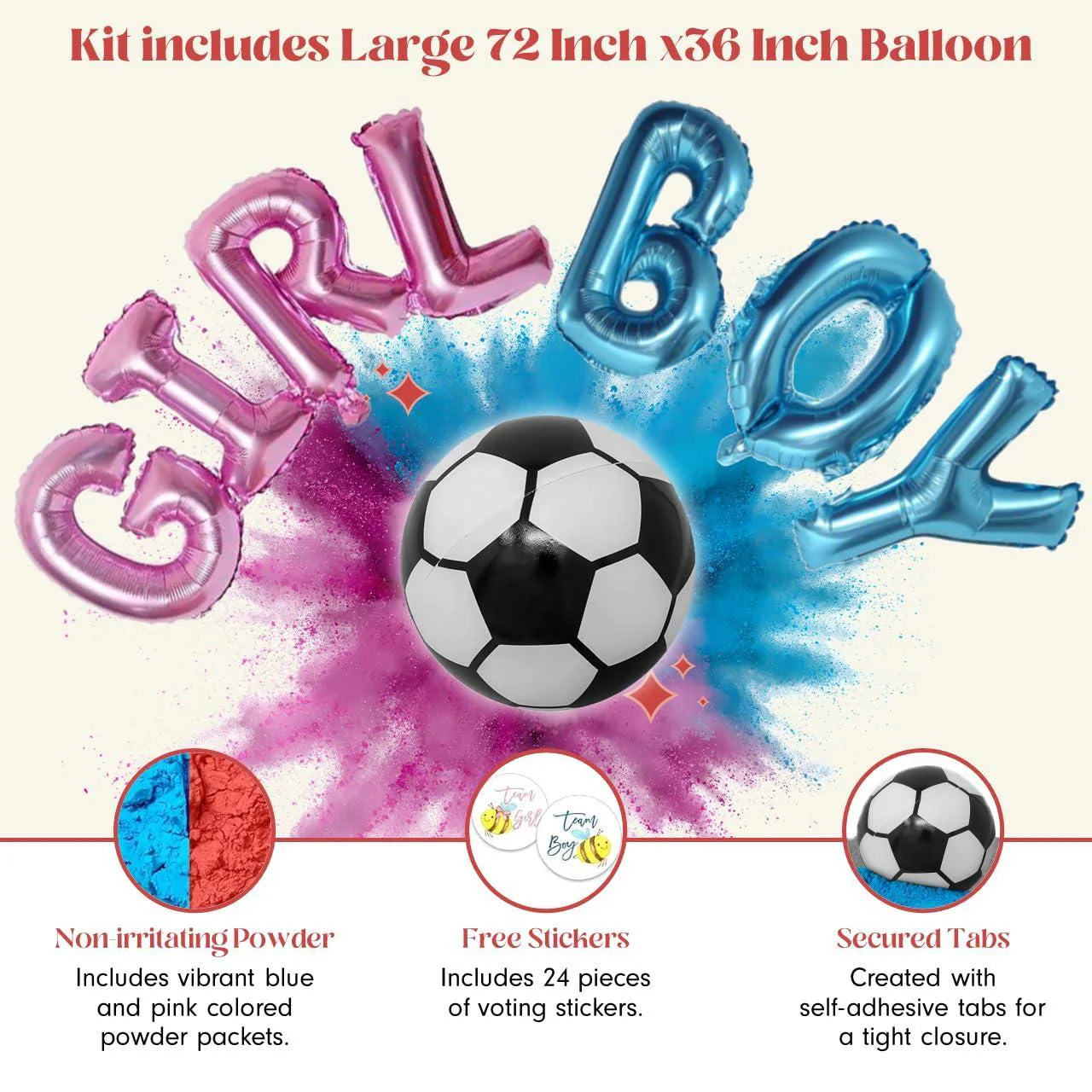 Gender Reveal Soccer Kit with Large 72 Inch Balloons and Stickers Soccer